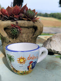 Tazzina caffè ceramica Salento con palma, sole e gallo