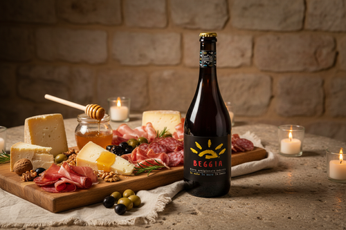 Beggia Birra Artigianale Ambrata con Formaggi, Salumi e Bastoncino del Miele