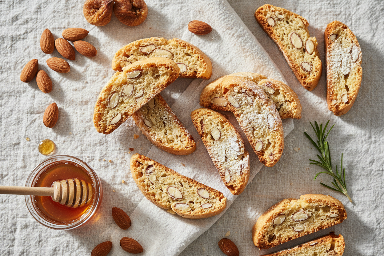 Biscotti alle Mandorle Fersini - presentazione elegante con miele e fichi secchi
