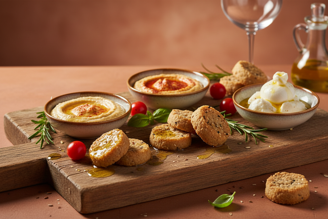 Friselline all'Olio Fersini con formaggi, hummus e dip di peperoni