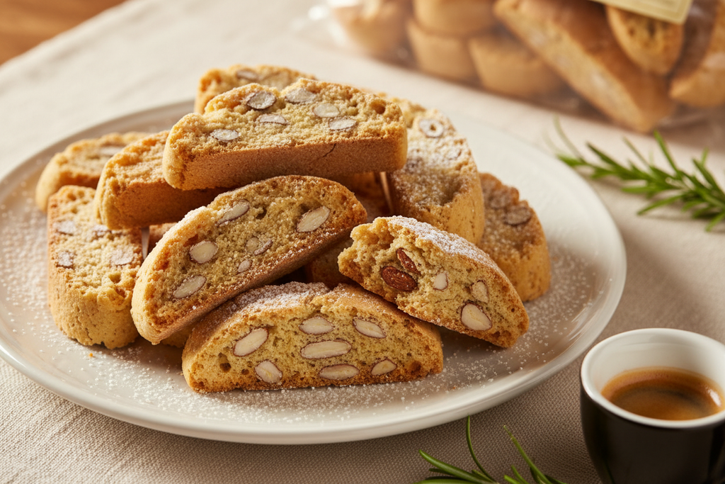 Cantucci Fersini close-up su piatto bianco con espresso