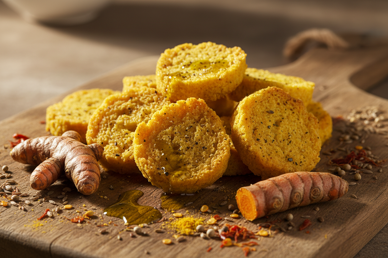 Friselline alla curcuma su tagliere con radice di curcuma e spezie