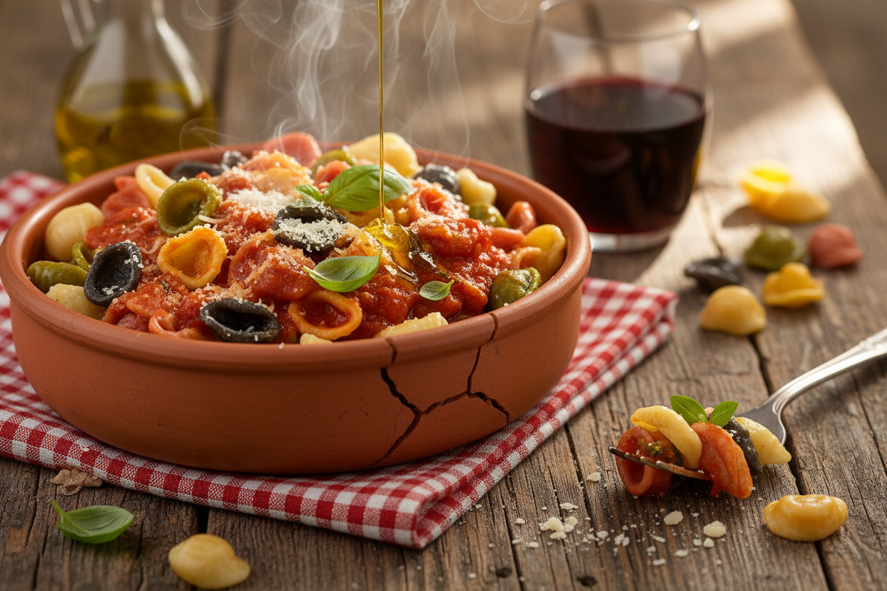 Orecchiette ai 5 gusti il Salento - piatto con sugo e basilico