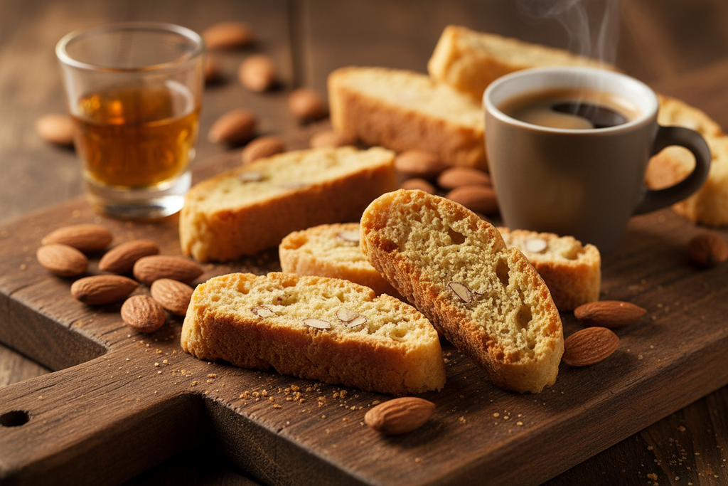 Biscotti alle Mandorle Fersini con espresso e vino dolce su tagliere rustico