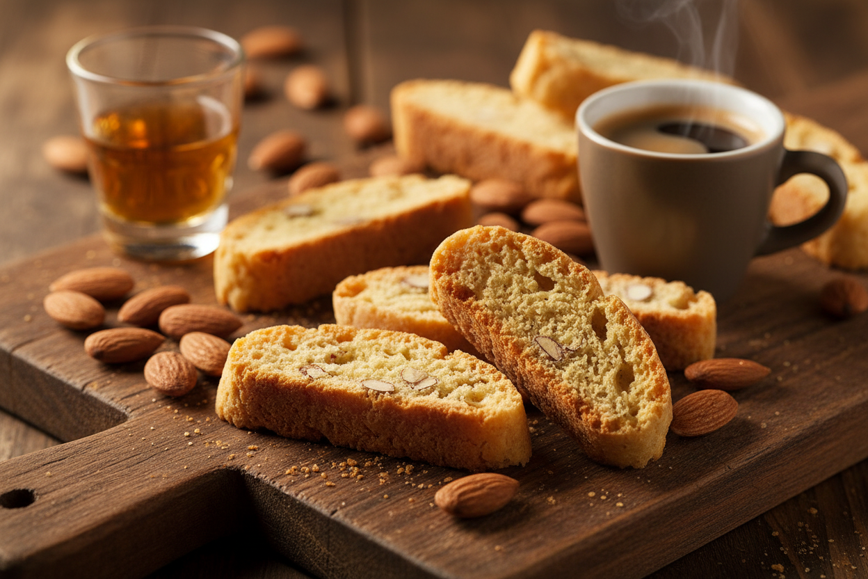 Biscotti alle Mandorle Fersini con espresso e vino dolce su tagliere rustico