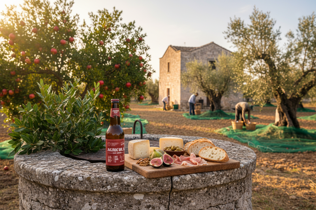 Agricola Ambrata - raccolta delle olive nel Salento con pozzo in pietra e casa di pietra