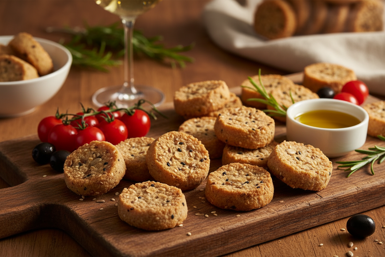 Friselline all'Olio Fersini su tagliere con olio extravergine, rosmarino e olive