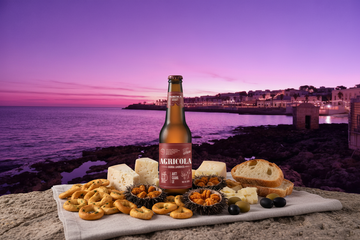 Agricola Ambrata - tramonto viola di Santa Maria di Leuca con taralli alle cime di rapa