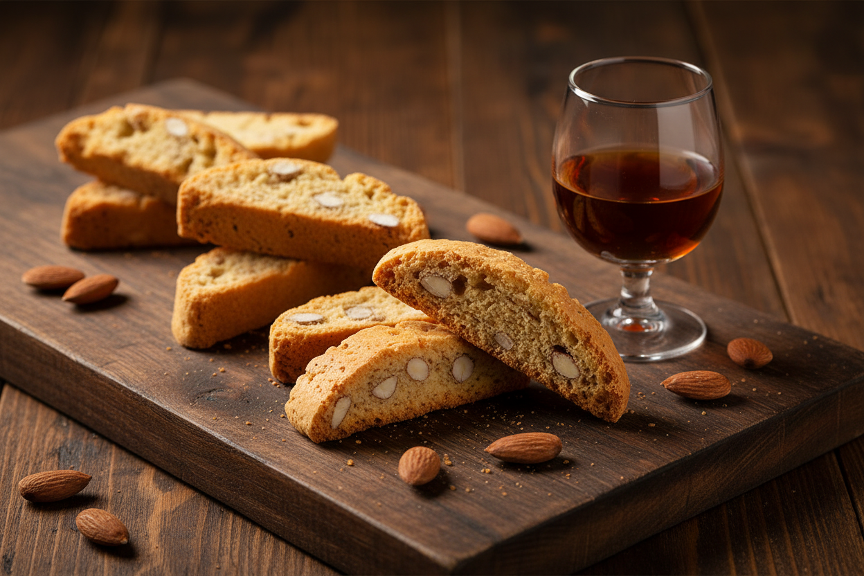 Cantucci Fersini su tagliere rustico con Vin Santo