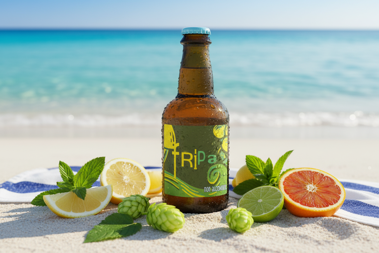 Fripa Birra Artigianale Analcolica - spiaggia salentina con mare turchese e agrumi freschi
